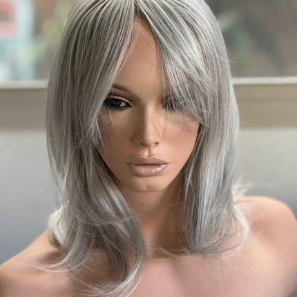 Till style blonde grey hair toppers with bangs /layered