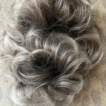 Tillstyle grey silver blonde claw clip in messy bun hair piece curly hair
With creamy ends