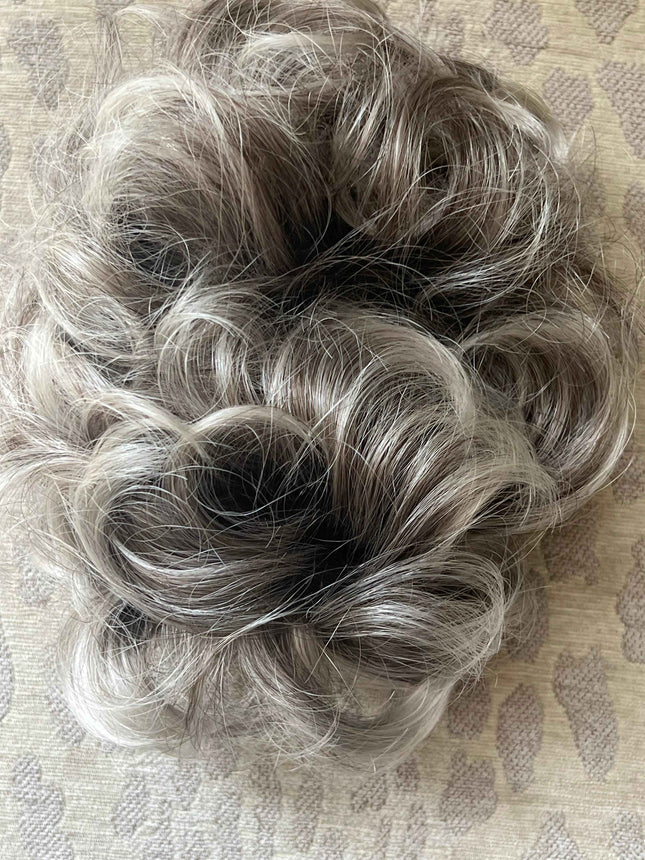 Tillstyle grey silver blonde claw clip in messy bun hair piece curly hair
With creamy ends