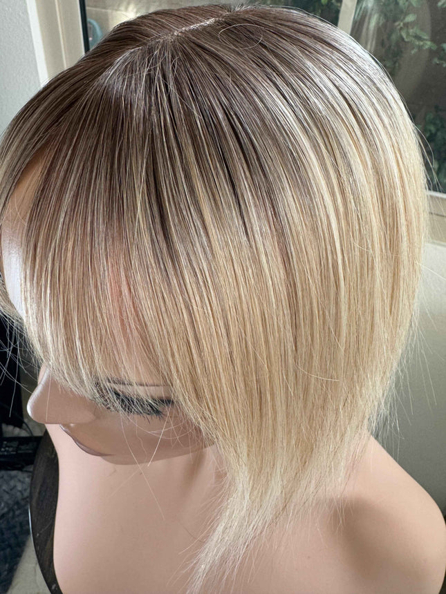 Till style remy human Hair Toppers with bangs bleach blonde/brown roots