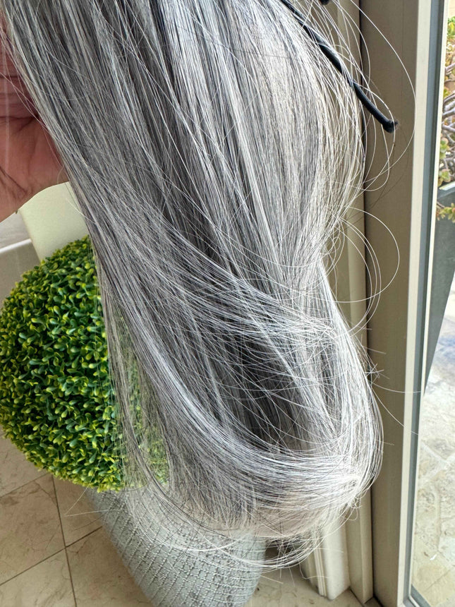 Tillstyle medium grey ponytail with creamy white ends