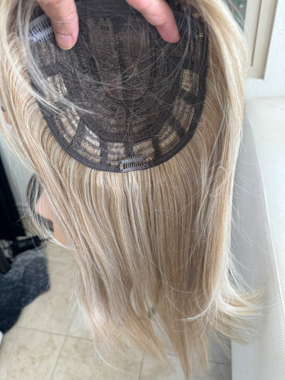 Tillstyle  ash blonde with ombre brown roots hair toppers with bangs