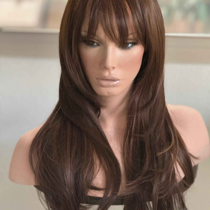 Tillstyle long  medium brown caramel highlighted wig with bangs