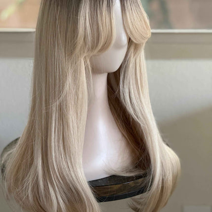 Tillstyle long  straight wig with bangs platinum blonde with dark roots