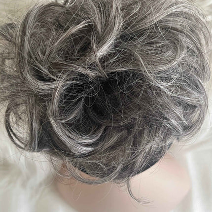 Tillstyle elastic messy bun hair piece curly hair bun pieces  salt and pepper brownish grey