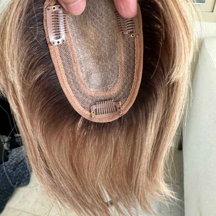 Till style remy human Hair Toppers with bangs brown with dark roots