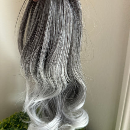 Tillstyle  medium grey curly claw clip ponytail white ends