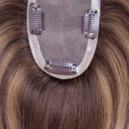 human virgin hair topper clip in mono mesh base medium brown highlighted