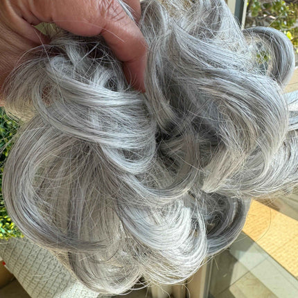 Tillstyle white silver hair bun curly