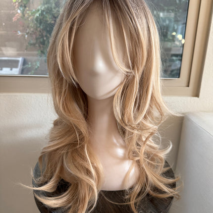 Tillstyle long  strawberry blonde wig with bangs ash brown roots blonde layered synthetic wig 22 inches