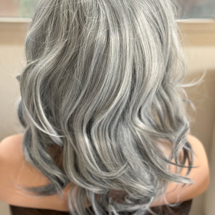 Tillstyle light grey silver wig with curtain bangs for women layered grey wig with pale white ends