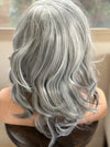 Tillstyle light grey silver wig with curtain bangs for women layered grey wig with pale white ends