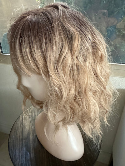 Tillstyle short ombre blonde/ash brown wig with bangs bob wigs for women loose body wave air bangs