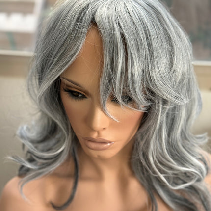 Tillstyle light grey silver wig with curtain bangs for women layered grey wig with pale white ends