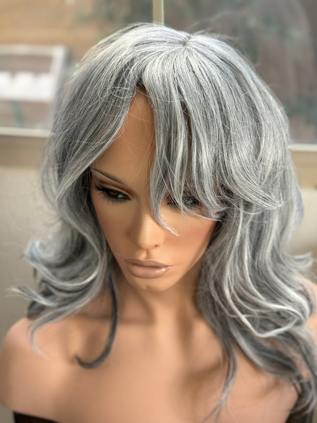 Tillstyle light grey silver wig with curtain bangs for women layered grey wig with pale white ends