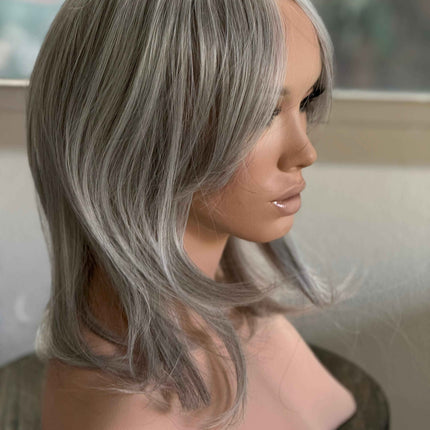 Till style blonde grey hair toppers with bangs /layered