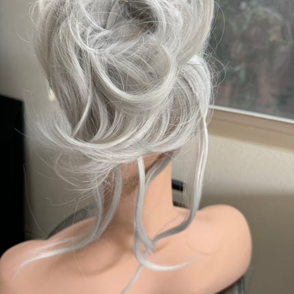 Tillstyle  white silver grey large messy hair bun with bangs