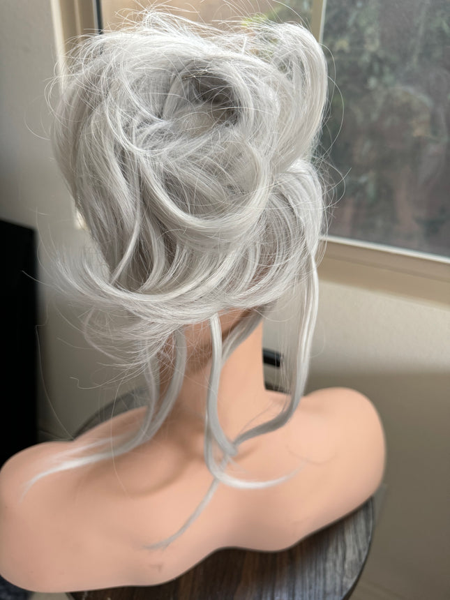 Tillstyle  white silver grey large messy hair bun with bangs