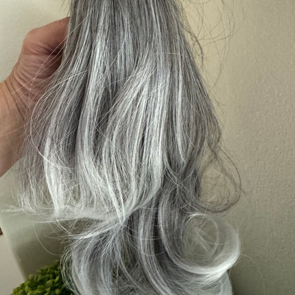 Tillstyle  medium grey curly claw clip ponytail white ends