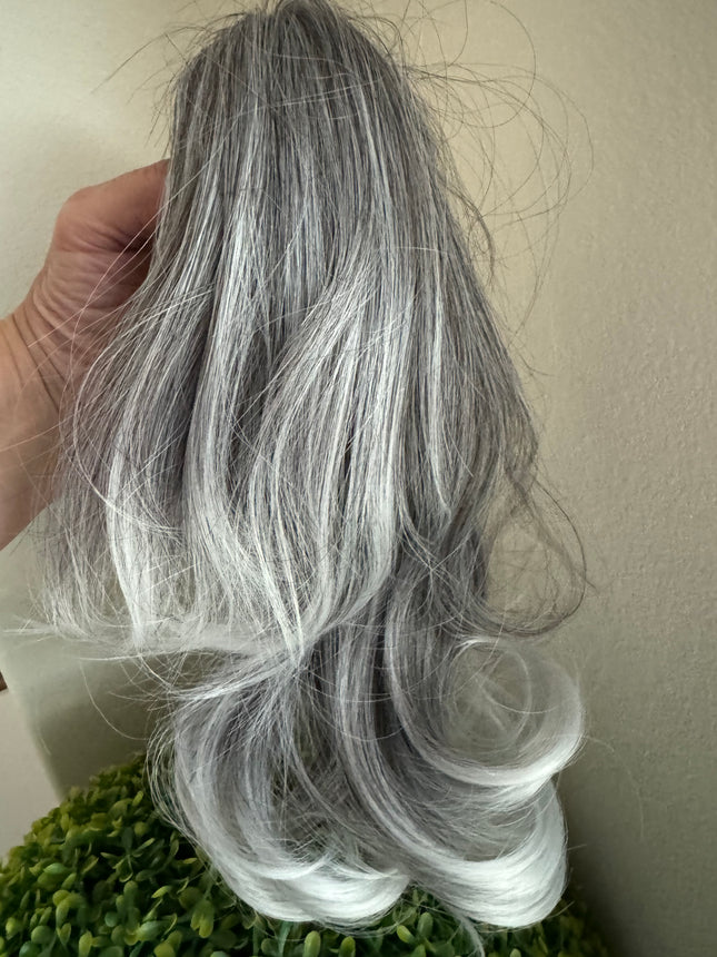 Tillstyle  medium grey curly claw clip ponytail white ends