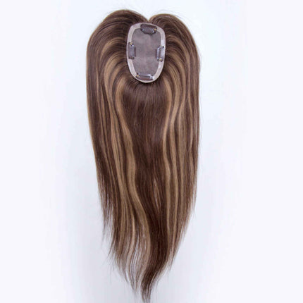 human virgin hair topper clip in mono mesh base medium brown highlighted