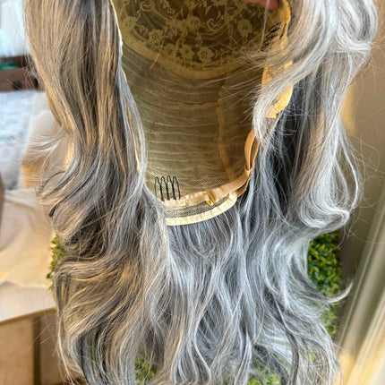 Tillstyle light grey silver wig with curtain bangs for women layered grey wig with pale white ends