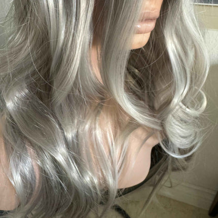 Tillstyle  long ash blonde grey mix wig dark roots wig loose body wave air bangs