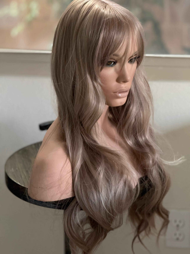 Tillstyle long  body wave wig ash  blonde with highlights wig with bangs layered synthetic