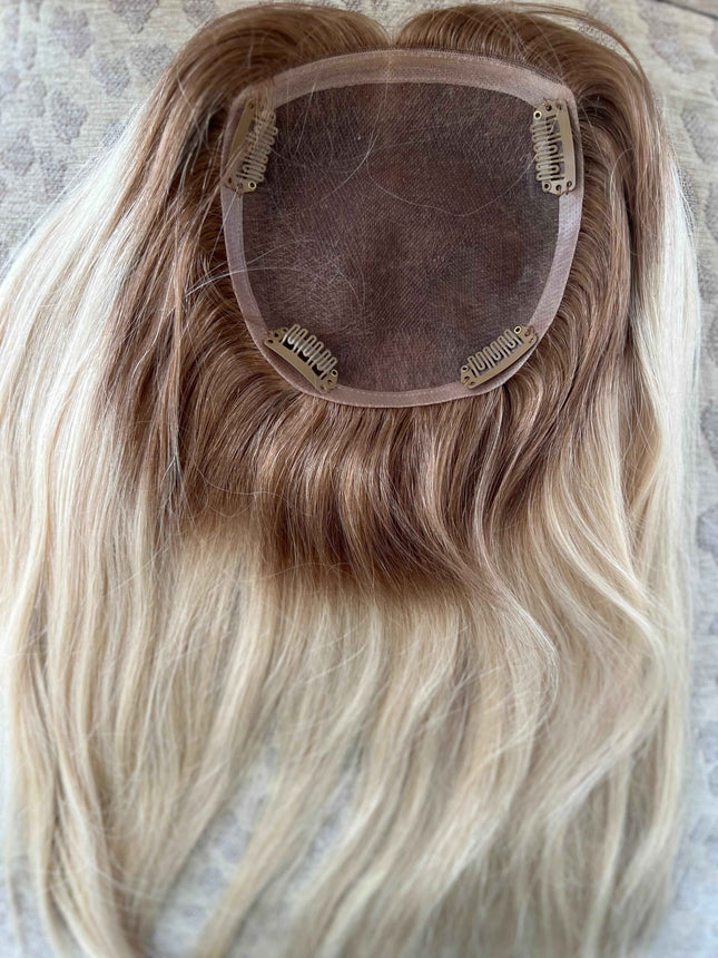 TillStyle blonde human hair topper Dark Rooted mono base