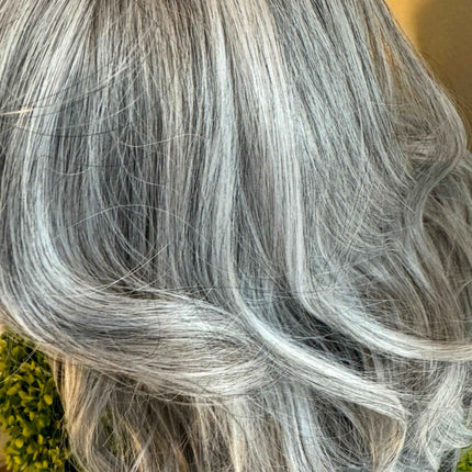 Tillstyle light grey silver wig with curtain bangs for women layered grey wig with pale white ends