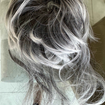 Tillstyle grey elastic hairbun scrunchie with bangs pony tail extension grey with white ends