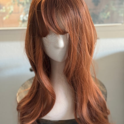 Tillstyle long auburn wig with bangs straight wig  with bangs for women 26 inch middle part