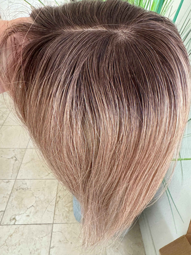 Till style remy human Hair Toppers with bangs ash brown highlighted