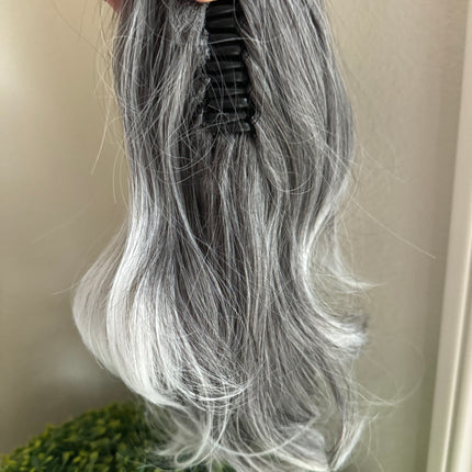 Tillstyle  medium grey curly claw clip ponytail white ends