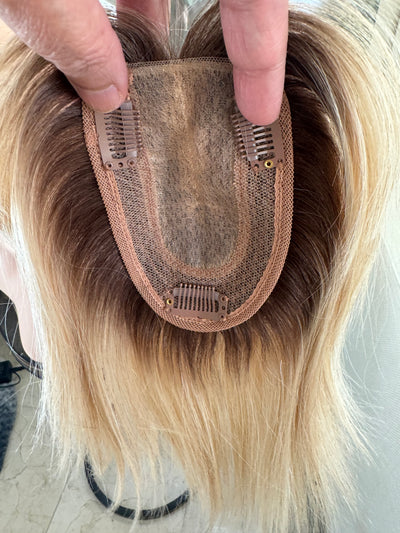 Till style remy human Hair Toppers with bangs bleach blonde/brown roots