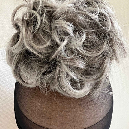 Tillstyle grey silver blonde claw clip in messy bun hair piece curly hair
With creamy ends