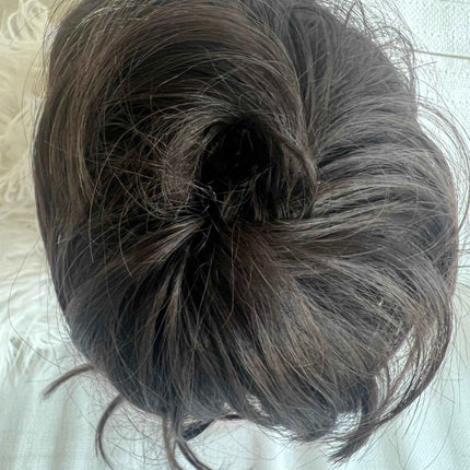 Tillstyle elastic hairbun scrunchie with bangs hair piece dark brown with lighter brown highlights