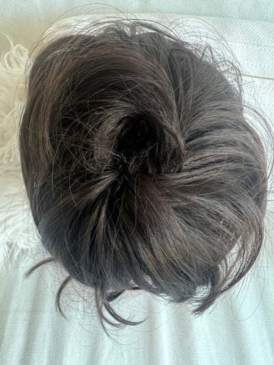 Tillstyle elastic hairbun scrunchie with bangs hair piece dark brown with lighter brown highlights