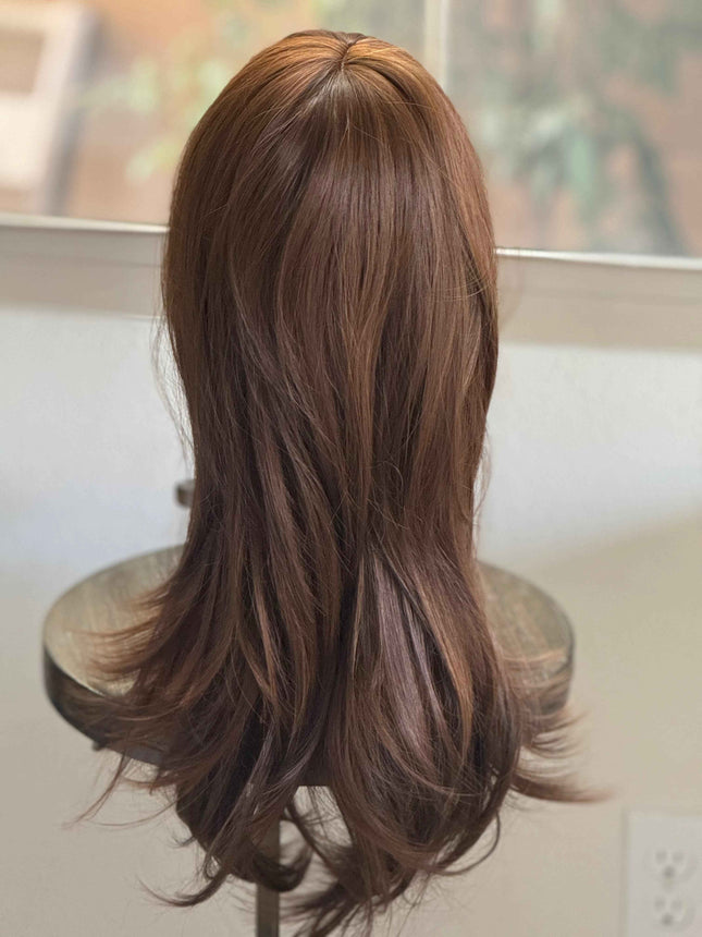 Tillstyle long  brown wig with bangs caramel highlights