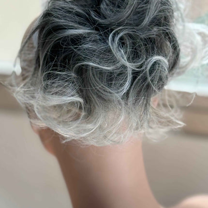 Tillstyle mid grey messy bun /creamy white ends