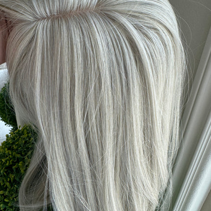 Till style white silver grey hair toppers for women  with butterfly bangs