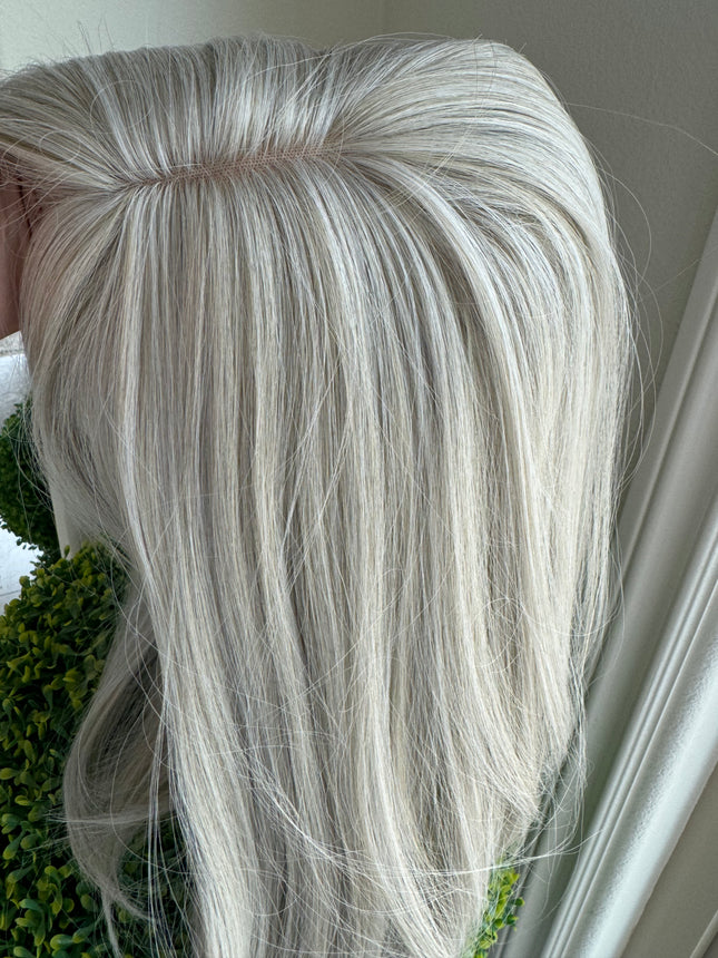 Till style white silver grey hair toppers for women  with butterfly bangs