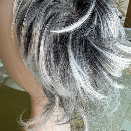 Tillstyle grey elastic hairbun scrunchie with bangs grey pony tail extension  with white ends