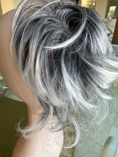 Tillstyle grey elastic hairbun scrunchie with bangs grey pony tail extension  with white ends