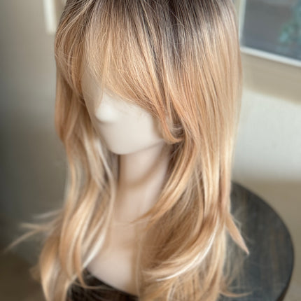 Tillstyle long  strawberry blonde wig with bangs ash brown roots blonde layered synthetic wig 22 inches