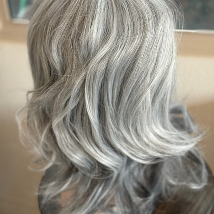 Tillstyle grey wig with curtain bangs for women layered grey wig with pale white ends