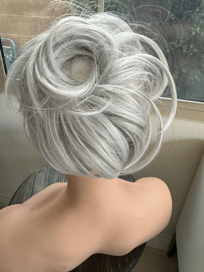 Tillstyle white silver hairbun scrunchie with straight hair bangs tousled updo