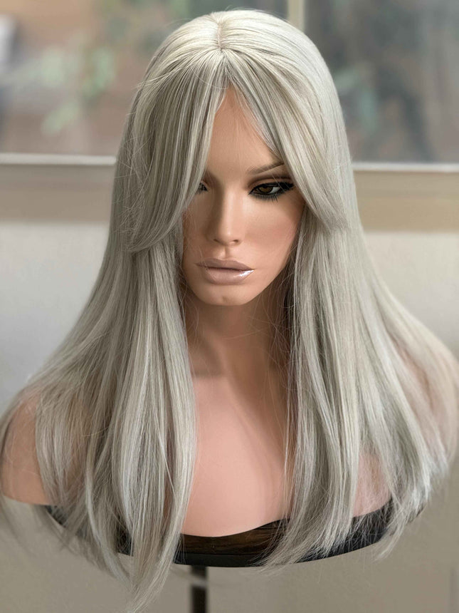 Till style silver grey  hair toppers for women  with butterfly bangs