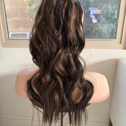 Till style brown caramel highlighted loose body wave invisible wire hair extensions