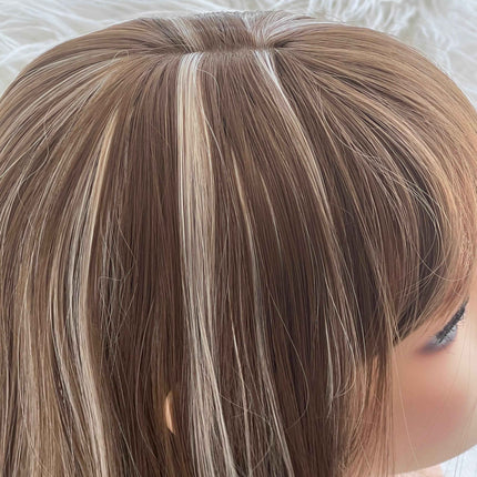 Synthetic hair toppers with bangs for women brown highlighted topper